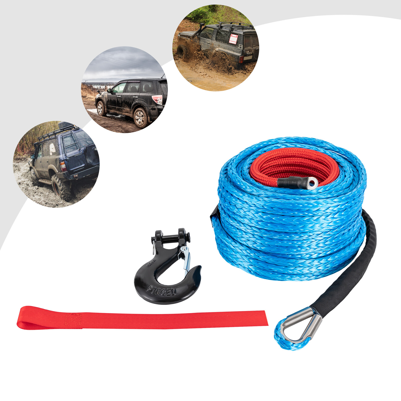 3/8x100' Synthetic Winch Rope w/ Hook Winch Cable w/Protective Sleeve New