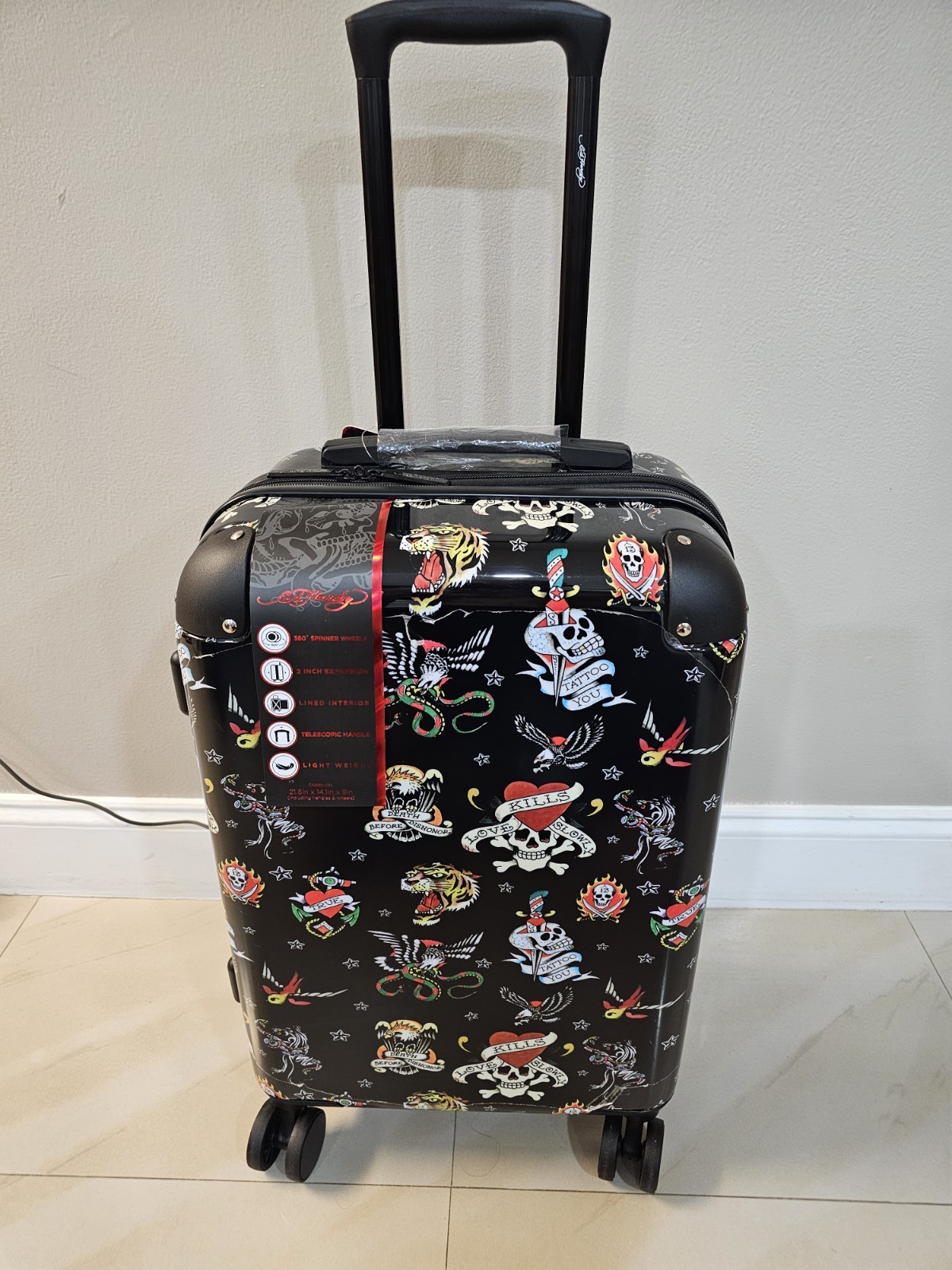 Ed Hardy Carryon Hardside 20” Suitcase-Black-New York City-Tattoo-Travel NEW