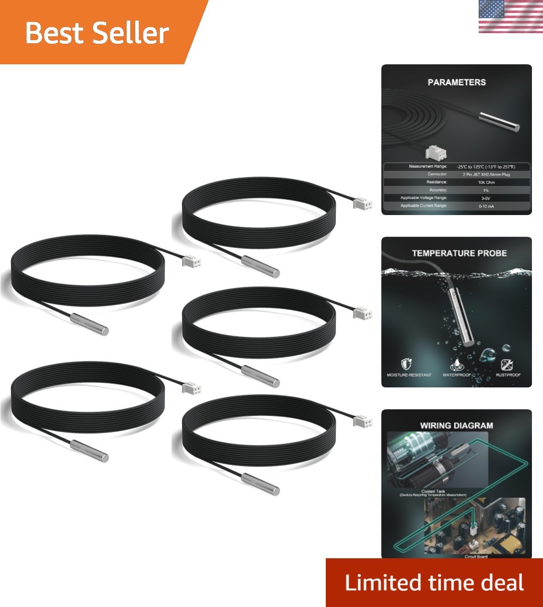Versatile 5Pcs 10k Temperature Sensor Probes, 3M Length for Home Applications