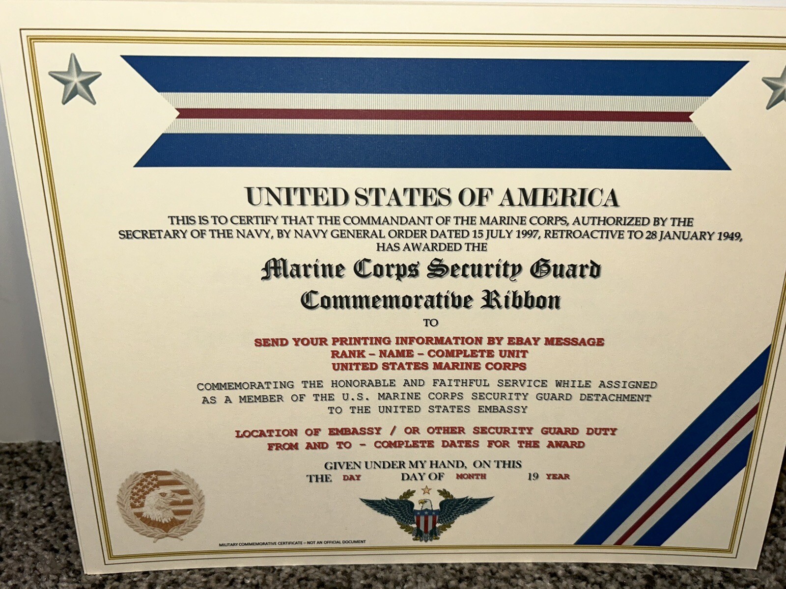 MARINE CORPS SECURITY GUARD RIBBON COMMEMORATIVE CERTIFICATE ~ W/PRINTING TYPE-1