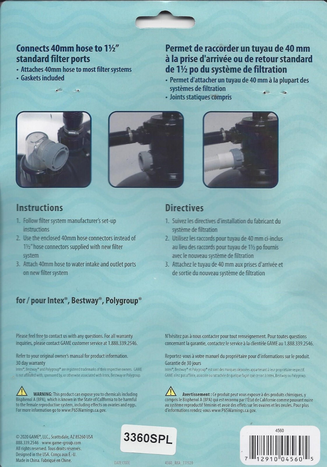 GAME 4560 40mm to 1 1/2 Inch Conversion Kit (For Intex & Bestway Pools) 2 units