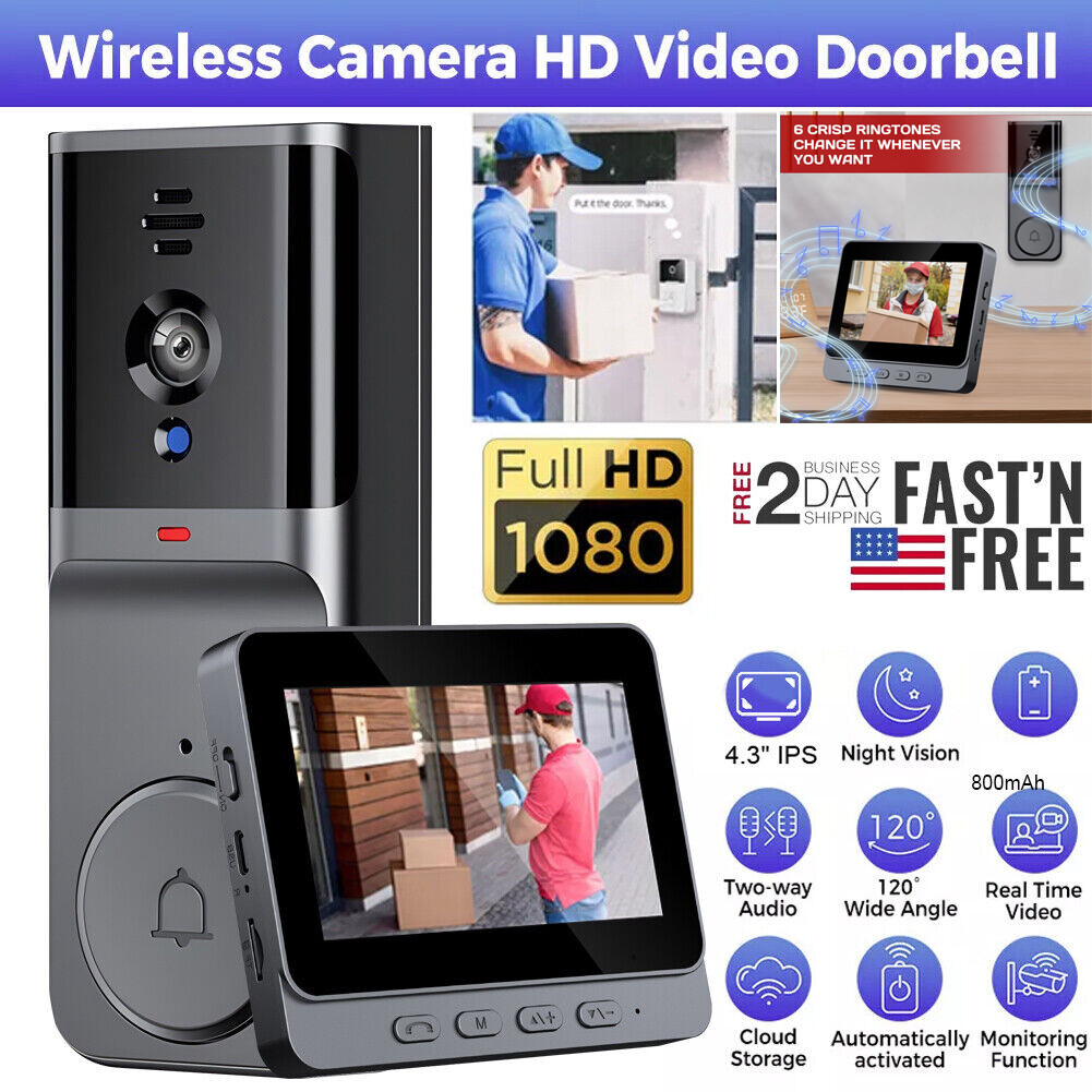 Wireless Intercom Doorbell HD Night Vision 4.3in lPS Screen Visual Camera