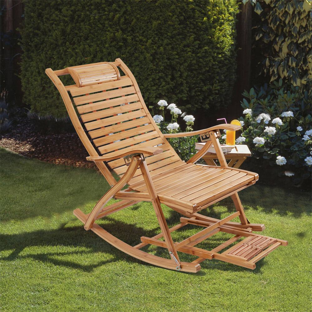 Heavy Duty Folding Rocking Chair Bamboo Living Room Indoor Outdoor Furniture US