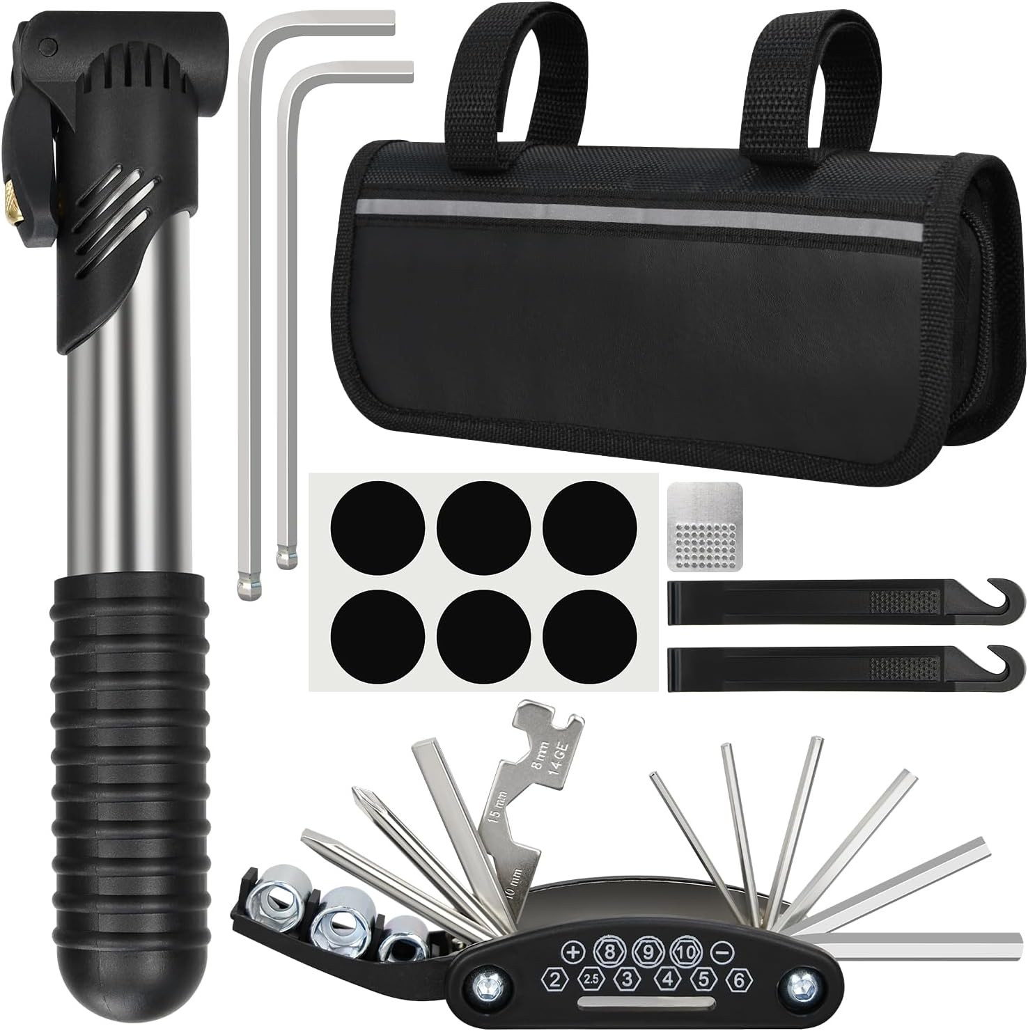 Bike Repair Kit, Bicycle Repair Bag with Tire Pump, Bike Tool Kit for Camping Tr
