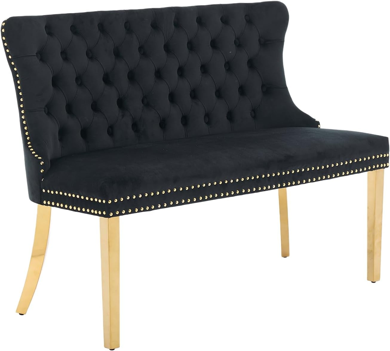Velvet Upholstered Dining Bench with Back Tufted Loveseat Bench with Gold