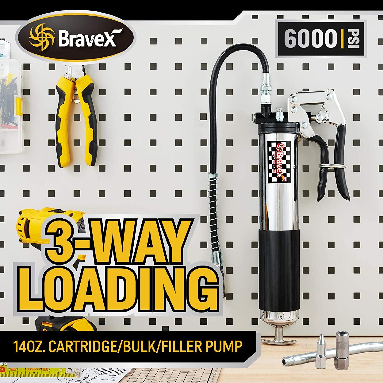 Grease Gun Pistol Grip 6000PSI Professional Heavy Duty 18" Flex Hose Manual 14oz