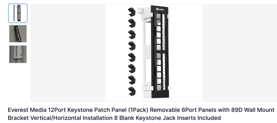 Everest Media 12Port Keystone Patch Panel (1Pack) Removable 6Port Panels
