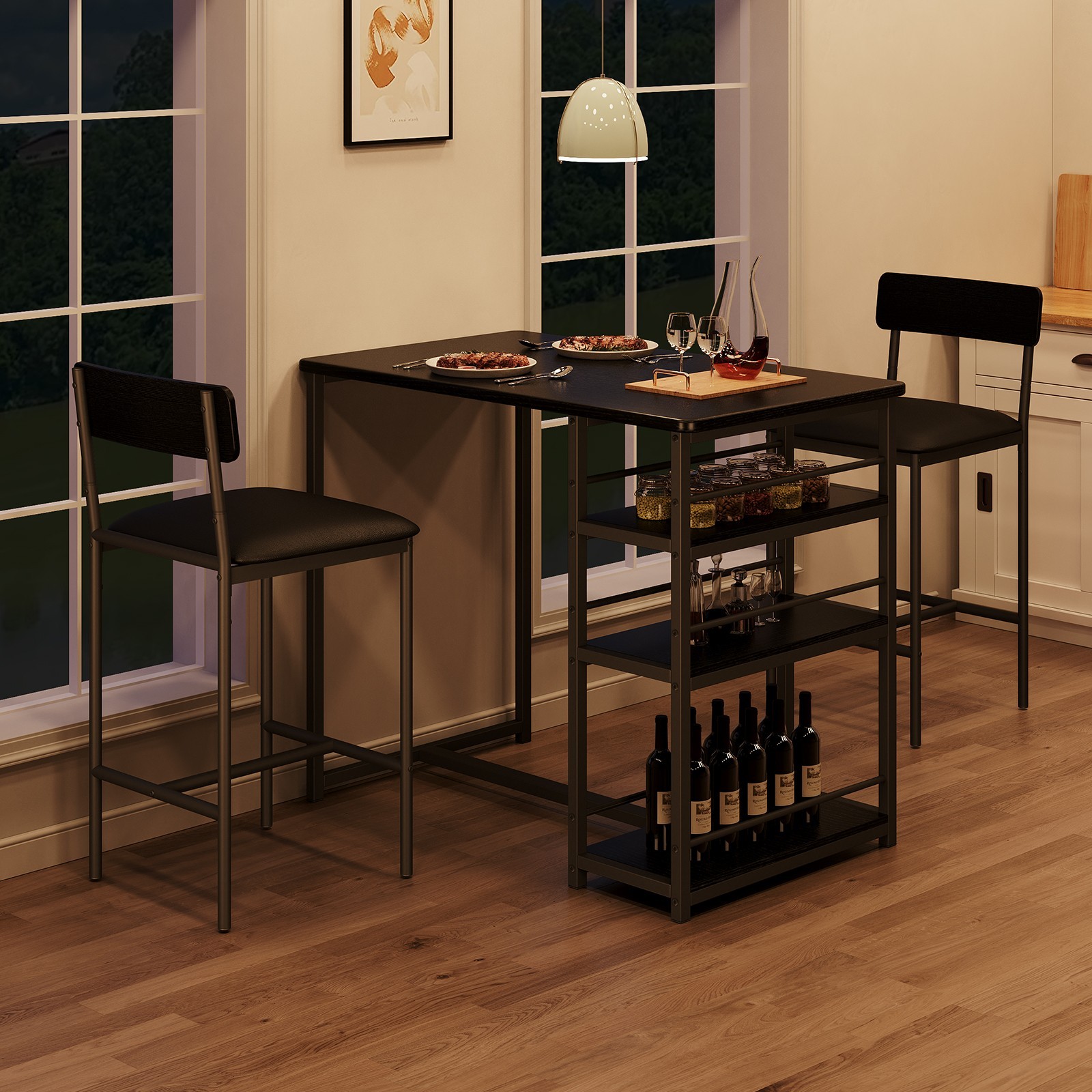 Bar Table Set with Storage Shelves,Dining Table Set ,Tall Nook,Cushion Stools