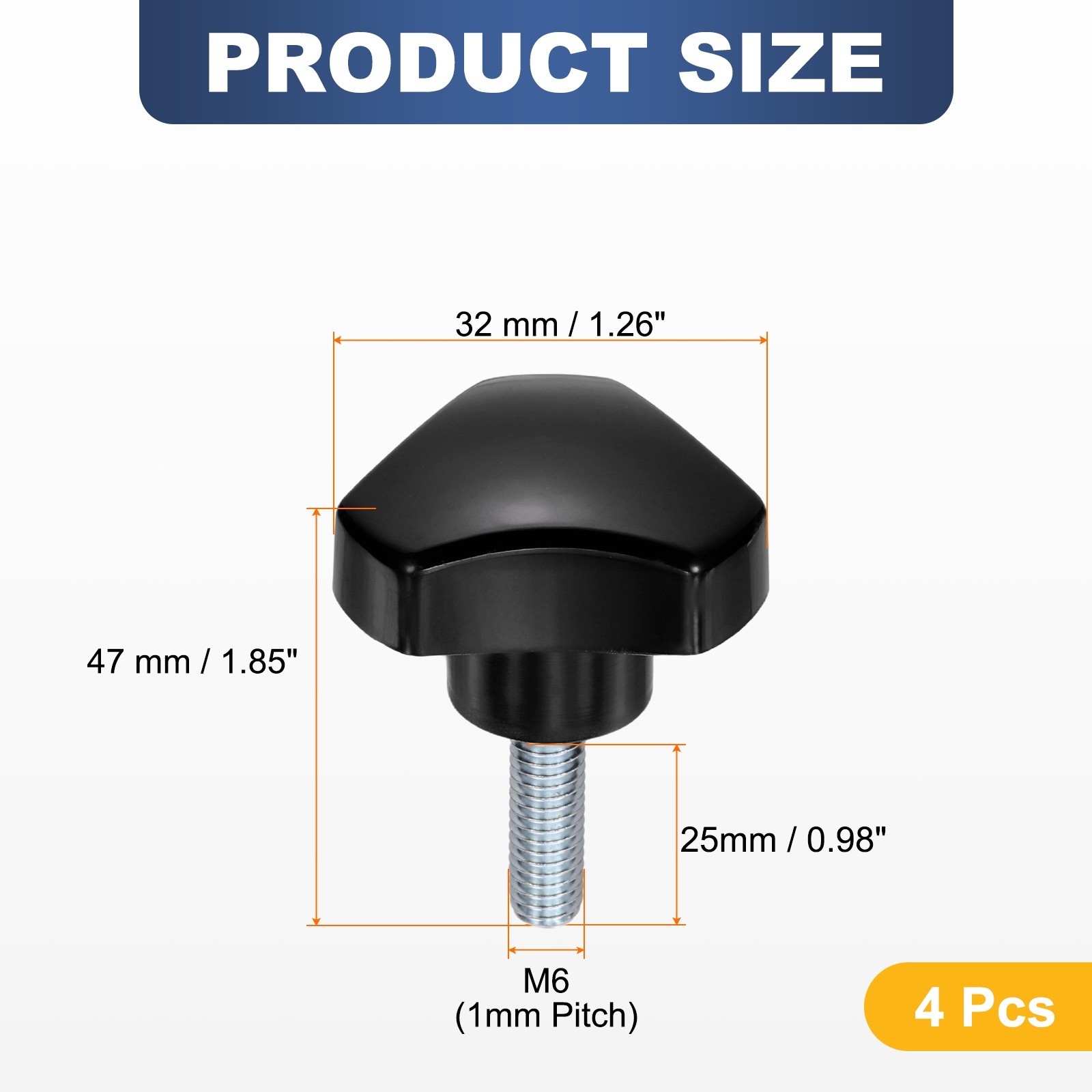 4 Pcs M6 x 25mm Male Thread Triangle Handle Knobs Hand Clamping Screws Black