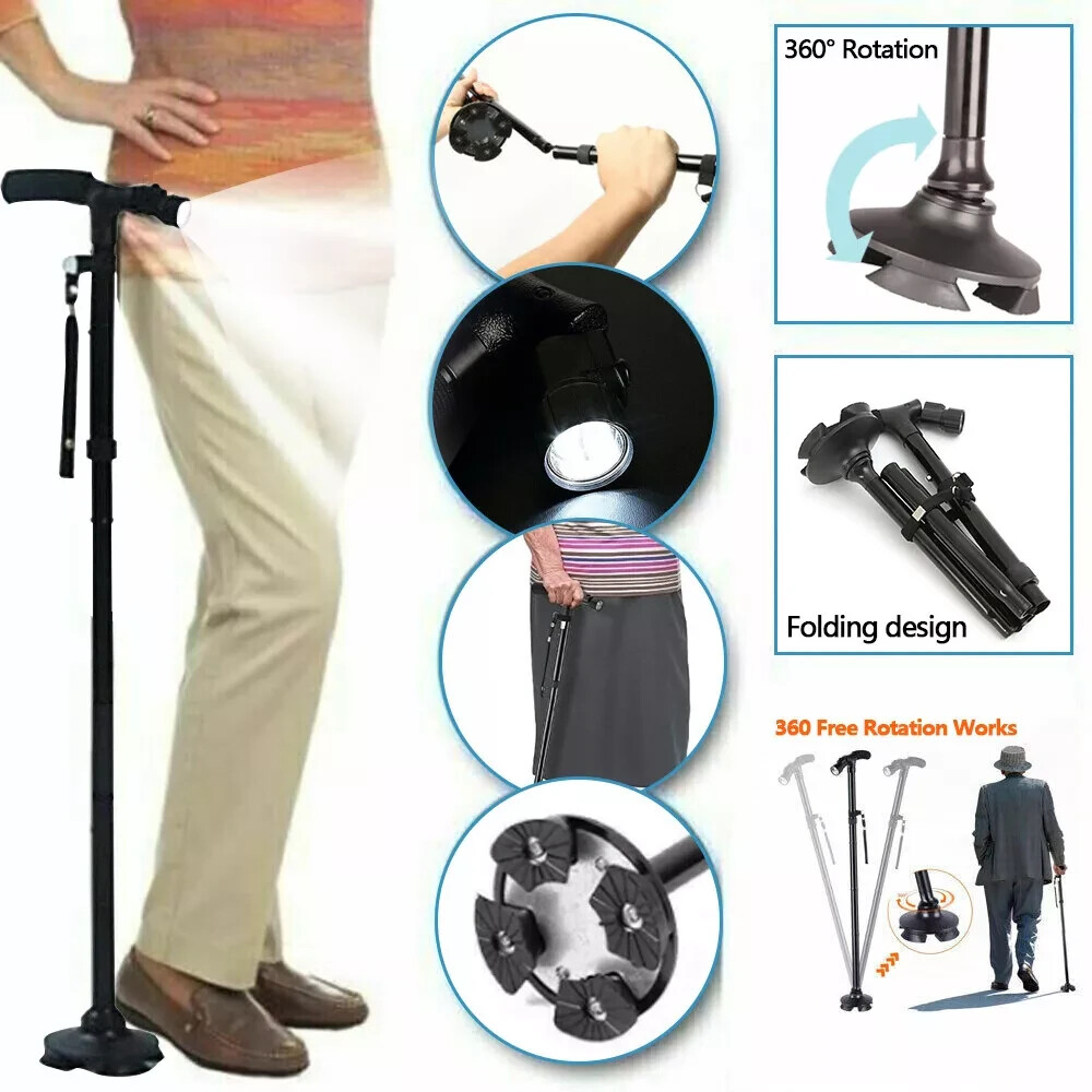 New Folding Walking Cane with LED Light, Adjustable Walking Stick with Carrying