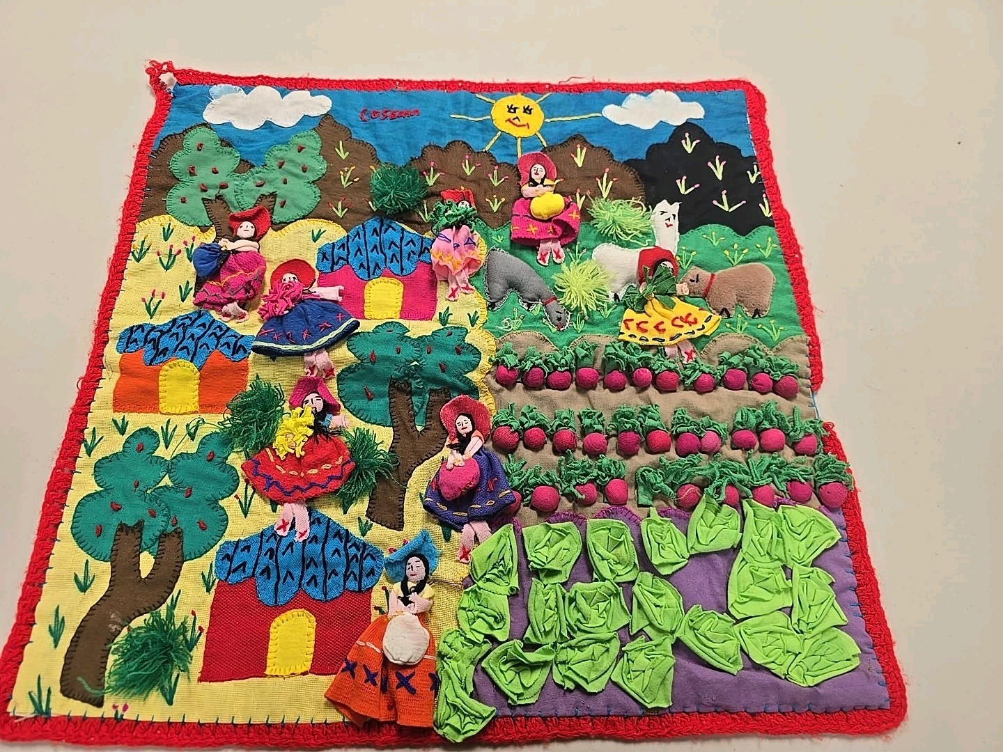 Peruvian Arpillera 3D Applique Folk Art 19”x19” Cotton Wall Art/Tapestry