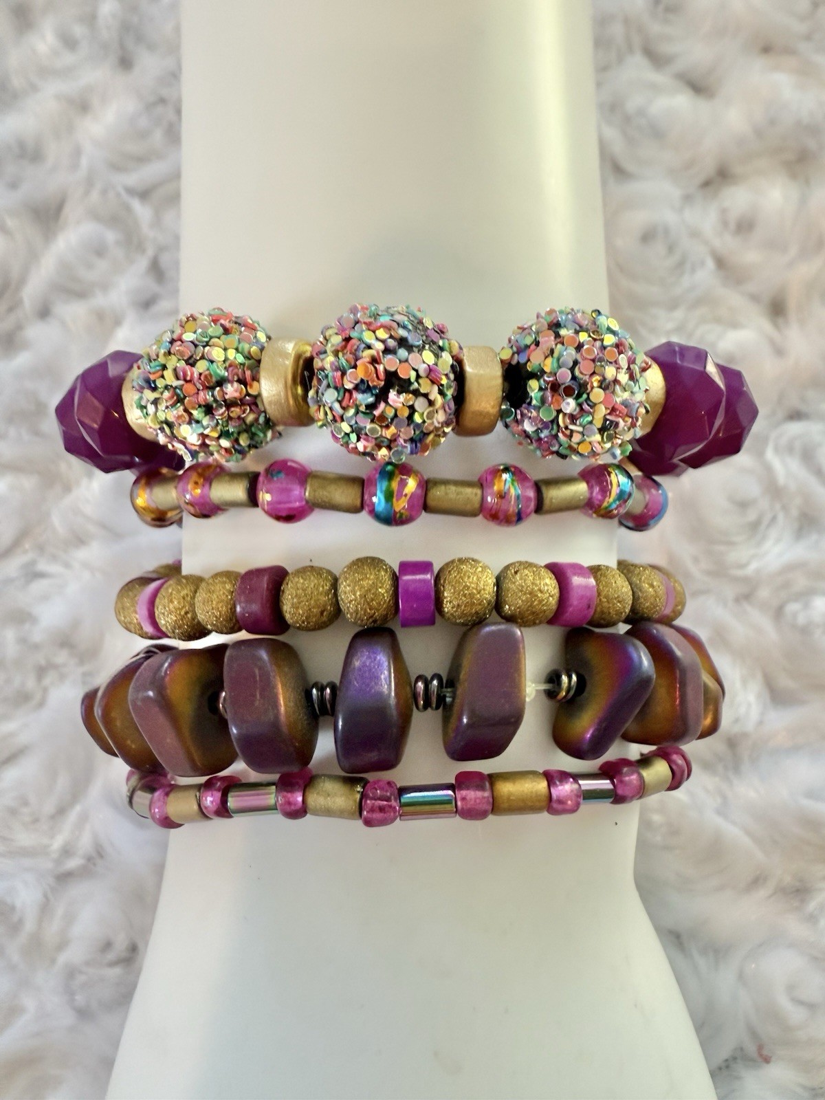 Colorful Gold And Purple Handmade Beaded Bracelet Set