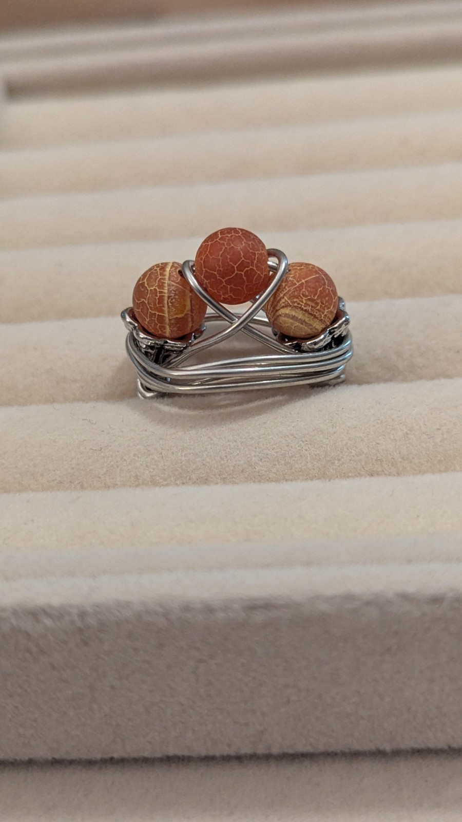 Artisan Wire‑Wrapped Crackle Orange Bead Ring Size 6.5
