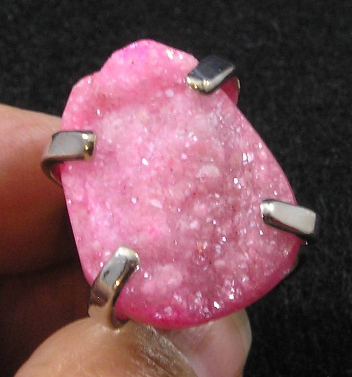 Bright Pink Coated Druzy Agate Nuggety Large Finger Ring Adjustable