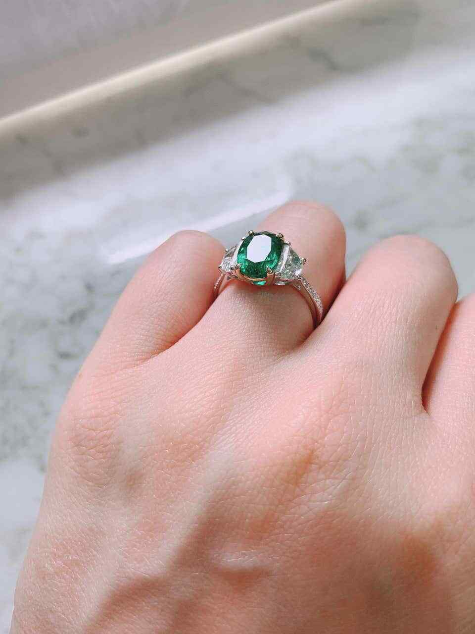 Lab-Created Forest Green 2.3CT Emerald & Two Half Moon Shape CZ Three Stone Ring