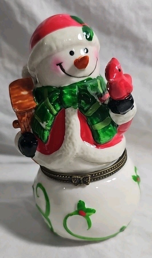 Ceramic Snowman Hinged Trinket Box 5 Inches Tall