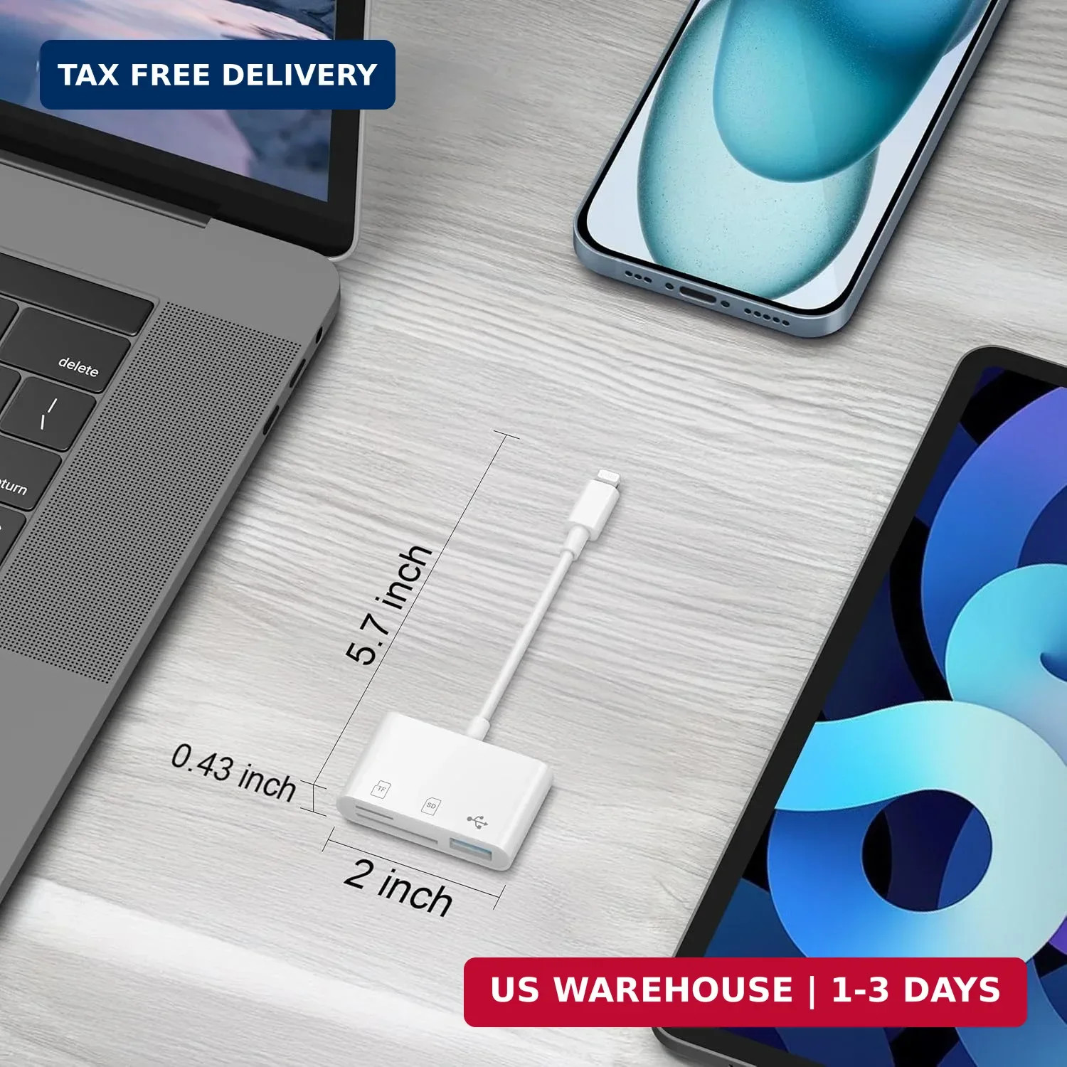 SD Card Reader for iPhone, 3-in-1 Lightning to SD Card Reader Micro SD Digital C
