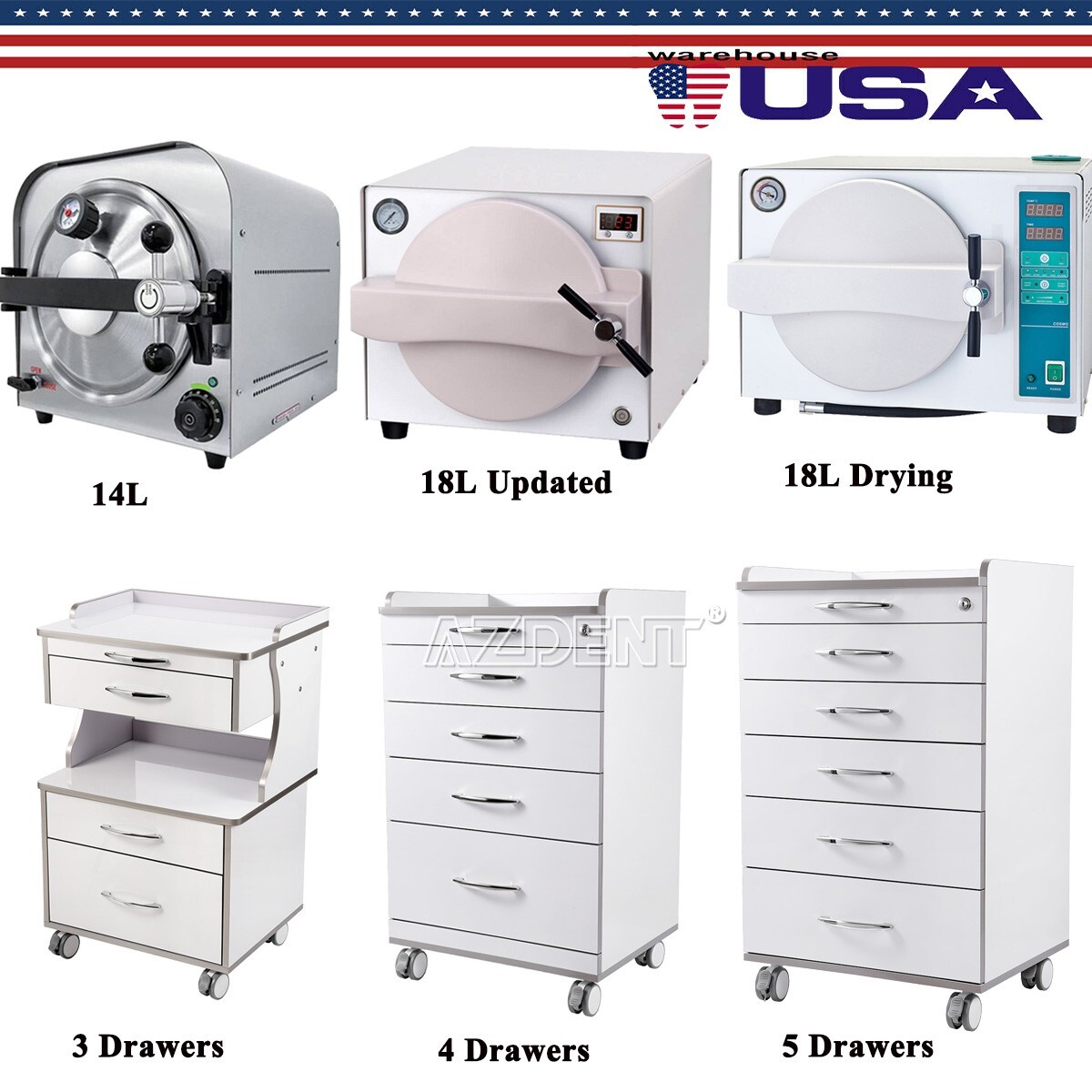 Dental Autoclave Steam Sterilizer Medical Drying/Trolley Cart Cabinet w/ Drawers