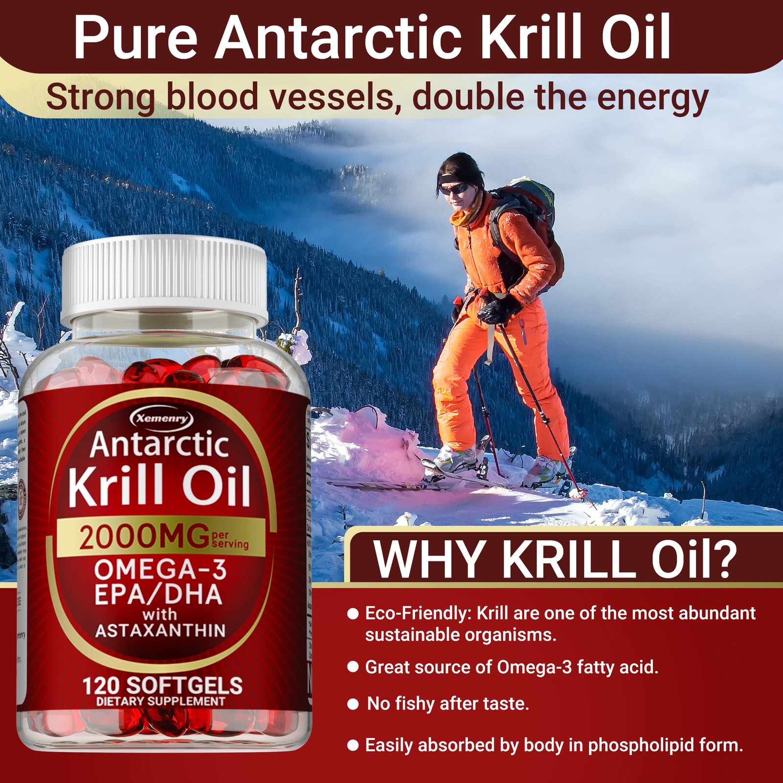 Antarctic Krill Oil 2000mg - Omega-3,EPA, DHA, Astaxanthin,Heart and Skin Health