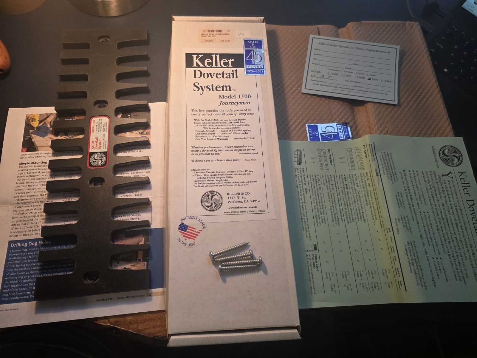 KELLER DOVETAIL SYSTEM MODEL 1500 JOURNEYMAN BOX, REGISTRATION & MANUAL I.O.B