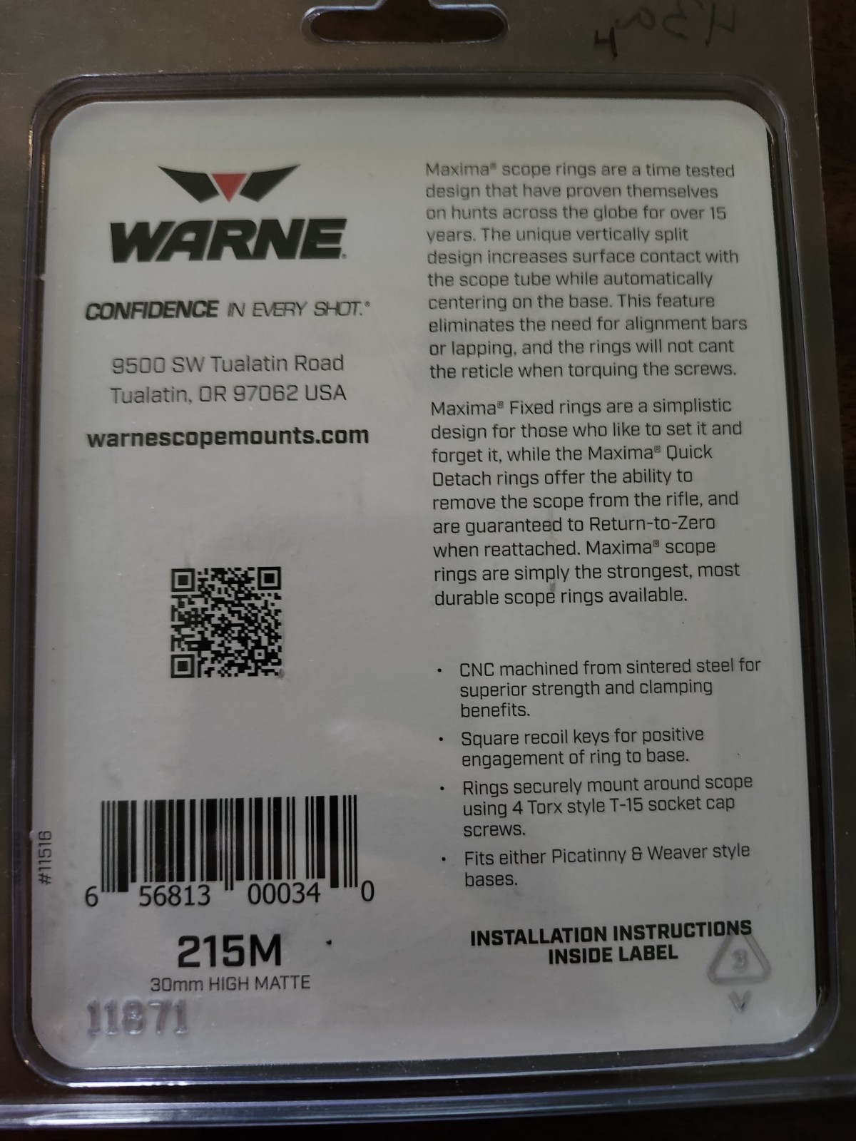 Warne Maxima Fixed Scope Rings 30mm High 215M