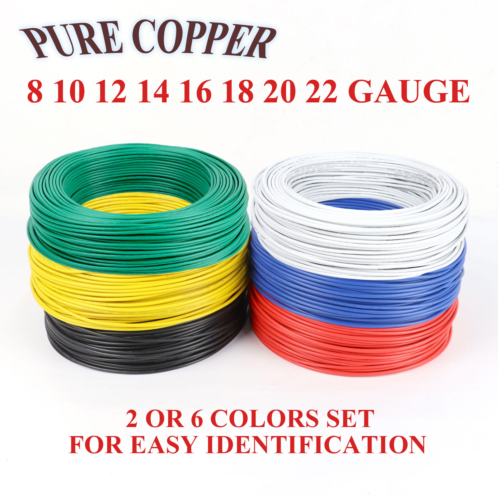 2 6 Color Primary Wire Kit - 8 10 12 14 16 18 20 22 Gauge Copper Power Cable Lot