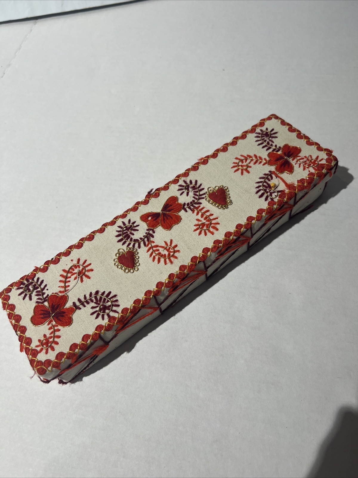 Penco Imports Embroidered Box Floral Hearts Made In Portugal Red Gold