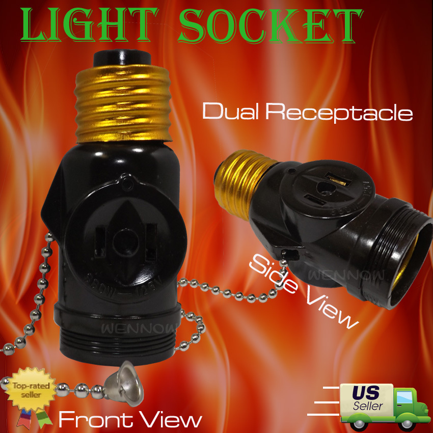 2 Pack. 125 Volt, Two Outlet With Pull Chain Socket Adapter, Black