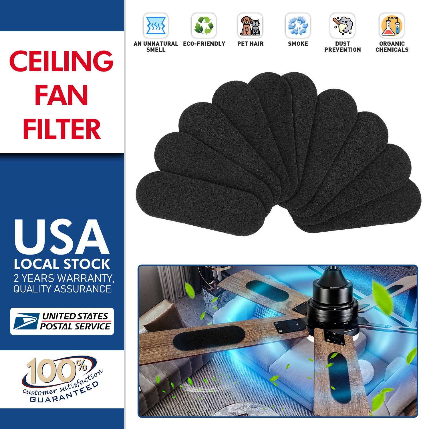 Upgrade Durable 10Pcs Ceiling Fan Filters for Blades Activated Carbon Air Filter