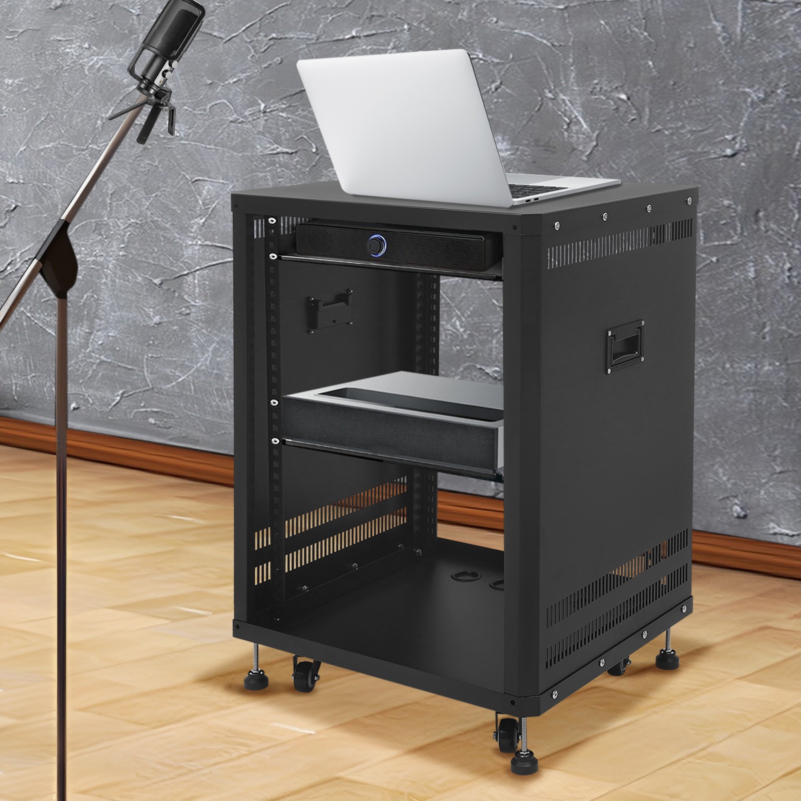 15U Audio Rack, Audio Rack with Feet & Wheels, Rolling Studio Rack Case