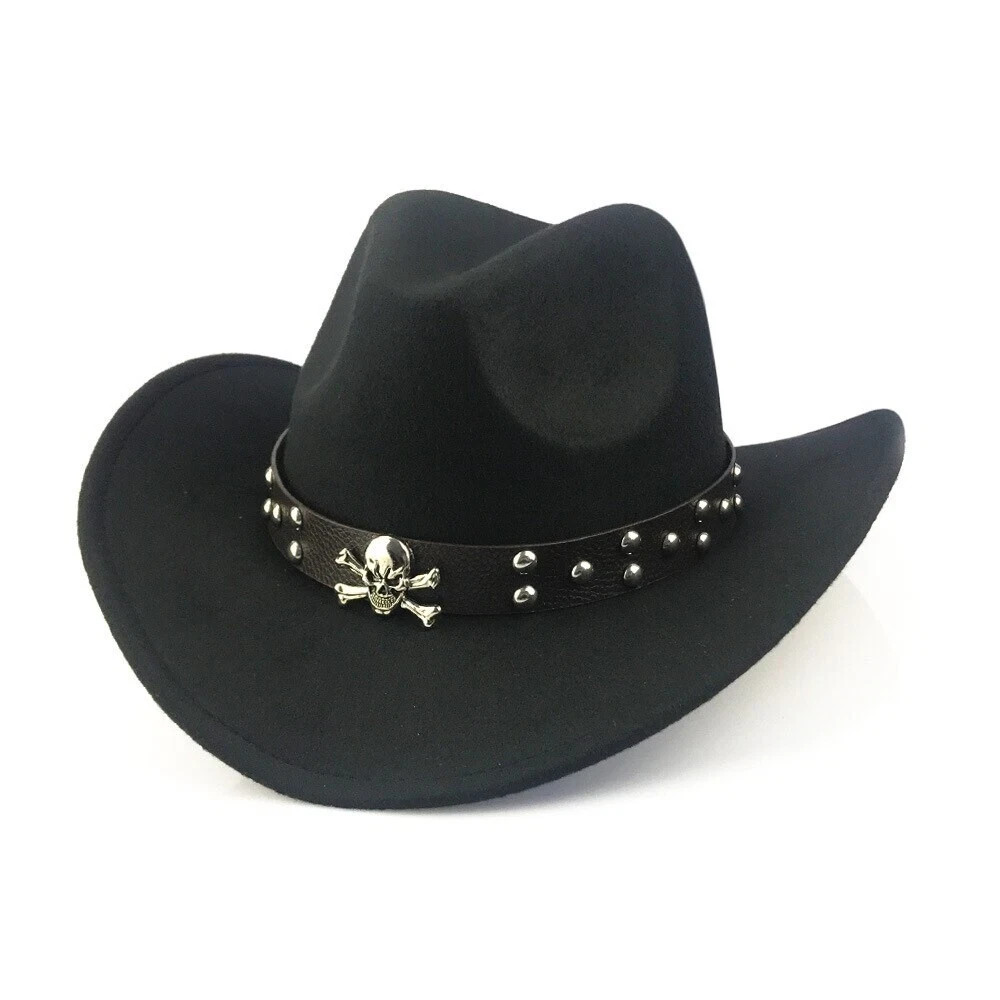 Black Western Skull Cowboy, Cowgirl Hat, Skull Strap, Men Women Retro Wide Brim