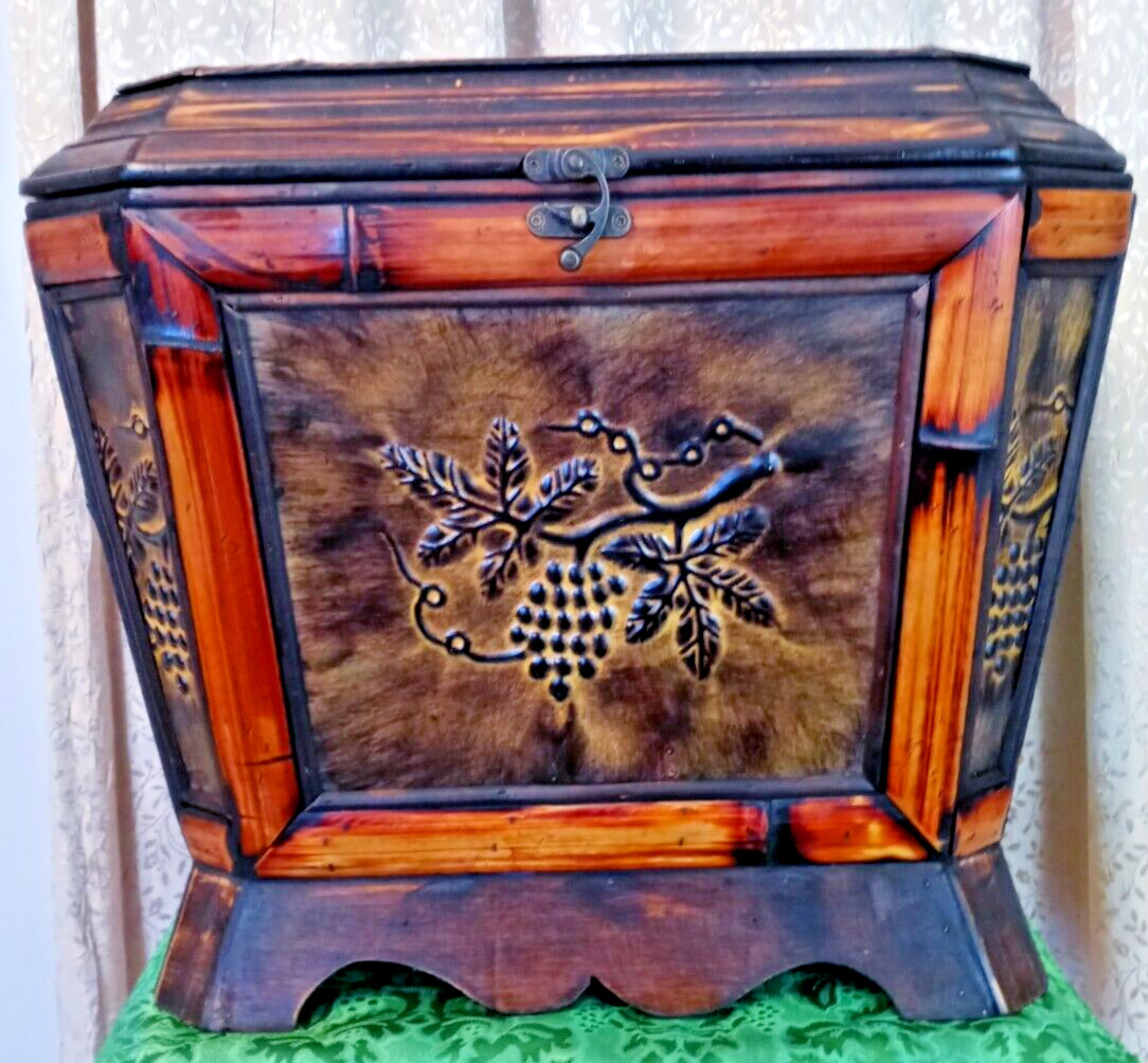Fots Co. VTG China Large Floor Wood & Bamboo Pinecone Chest  Brass Hinges & Lock