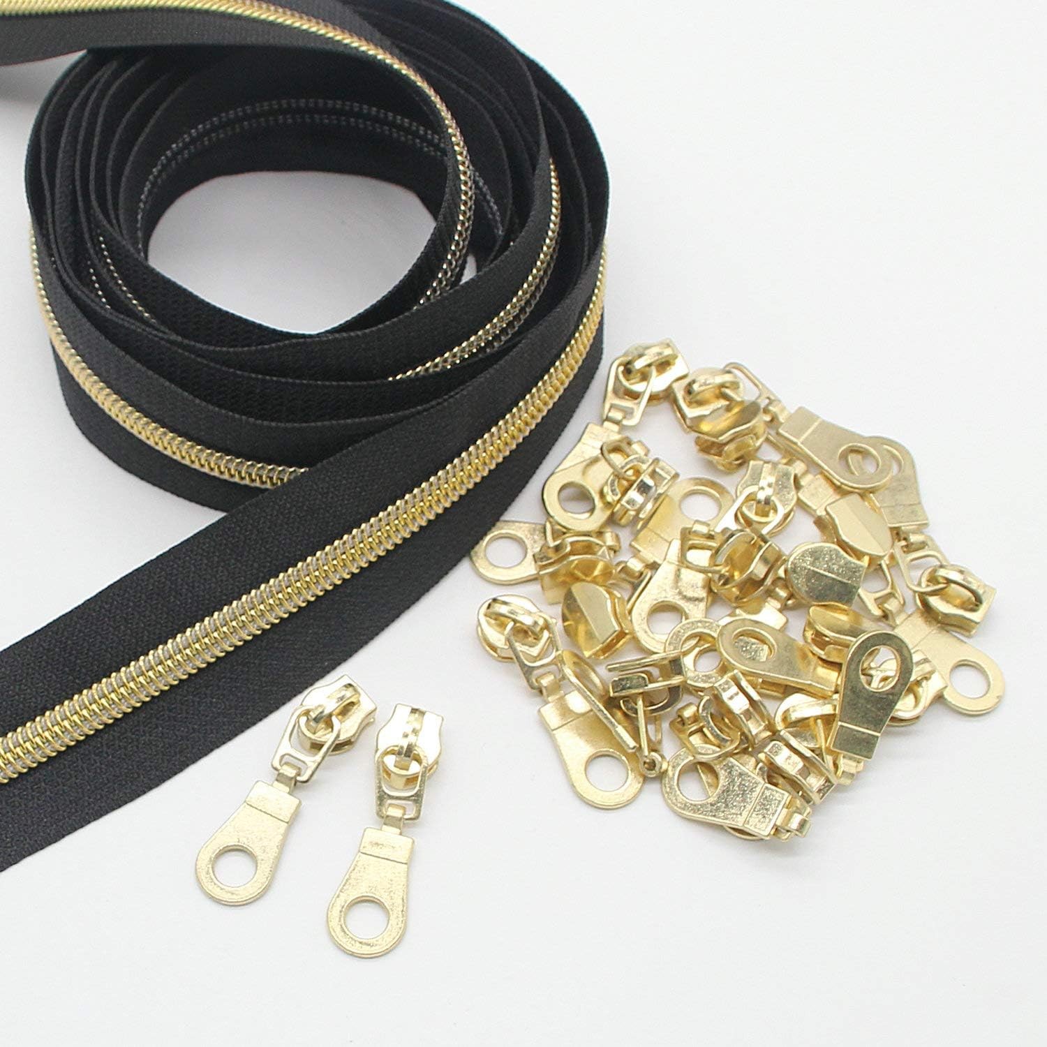 Leekayer #5 Gold Metallic Nylon Coil Zippers by The Yard Bulk 10 Black-Gold