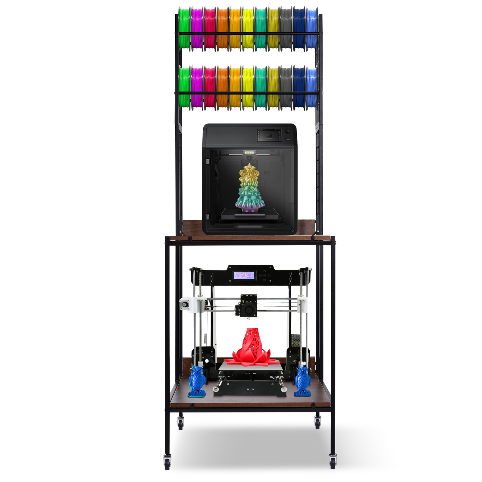 Mobile 3D Printer Stand Double Layer Filament Storage Rack+Wheel