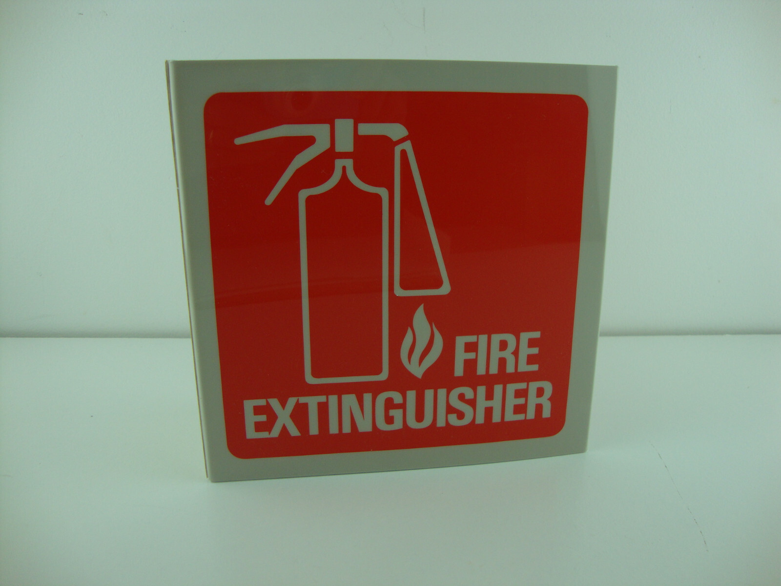 3D Rigid Plastic Angle Fire Extinguisher Sign Vintage 1982 8" x 8" NOS