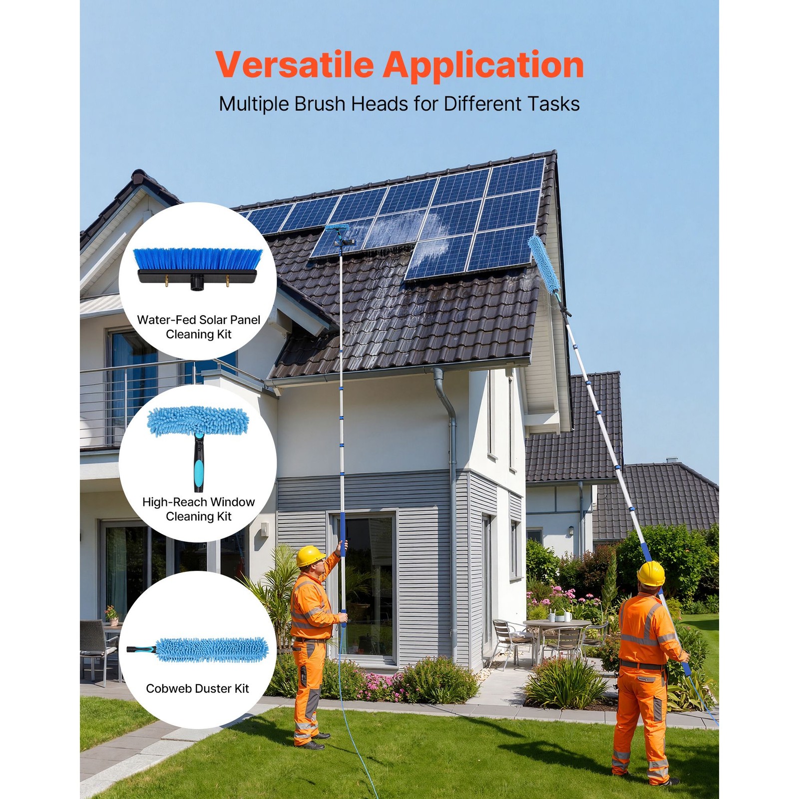 33 ft Water Fed Solar Panel Cleaning Kit with Telescopic Pole and Rotatable