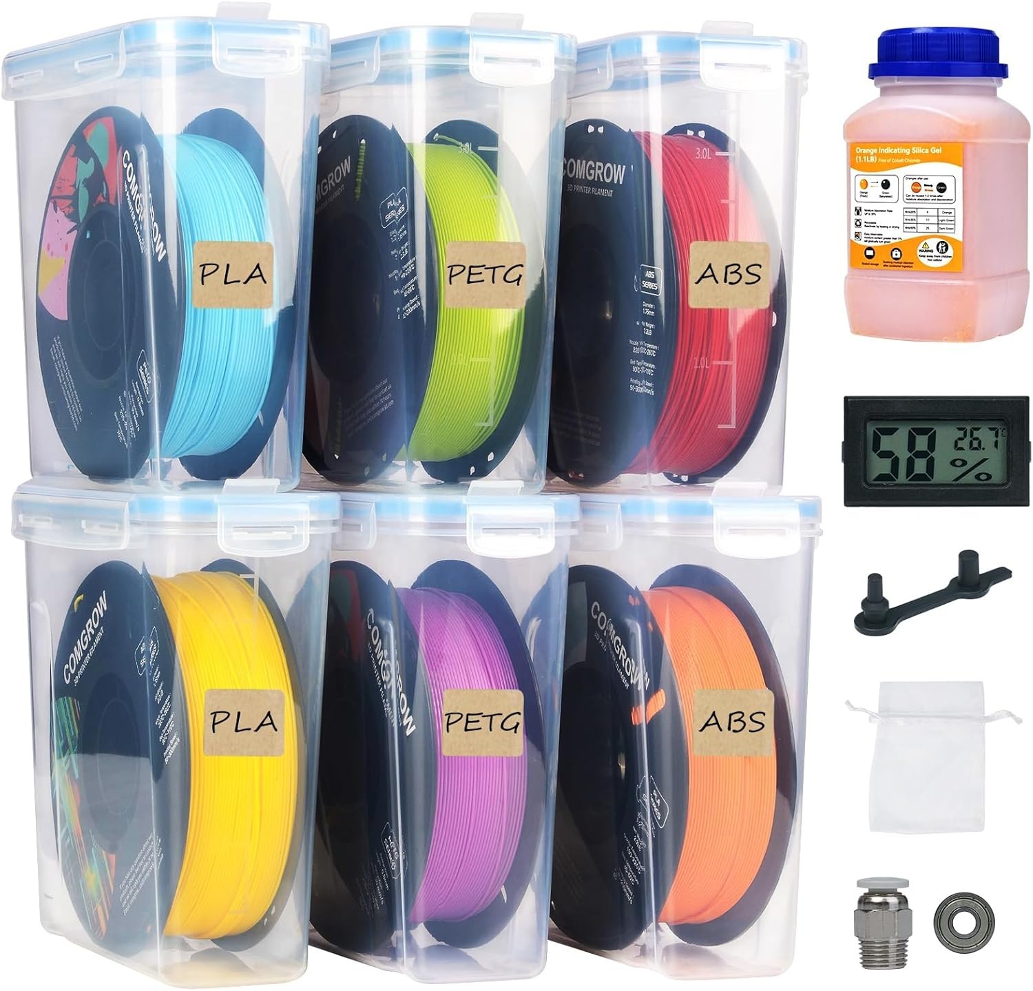 6PCS Portable Filament Storage Box with Desiccants & Thermo-Hygrometer, 4.0L