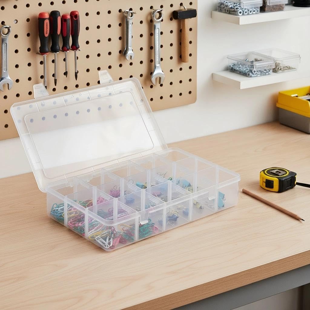 2 Pack Plastic Organizer Box with 14 Removable Dividers,15-Compartment Clear ...