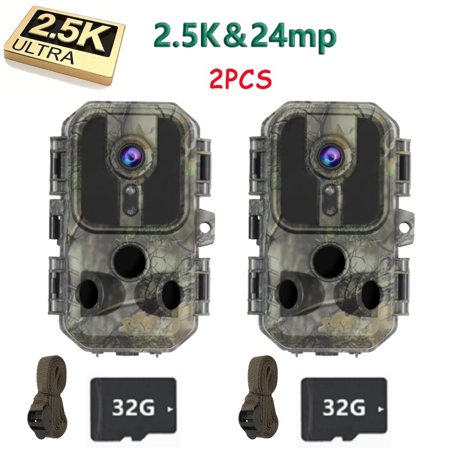 2PK 24MP 2.5K Hunting Game Trail Camera IP65 Wildlife Cam Night Vision+32GB Card
