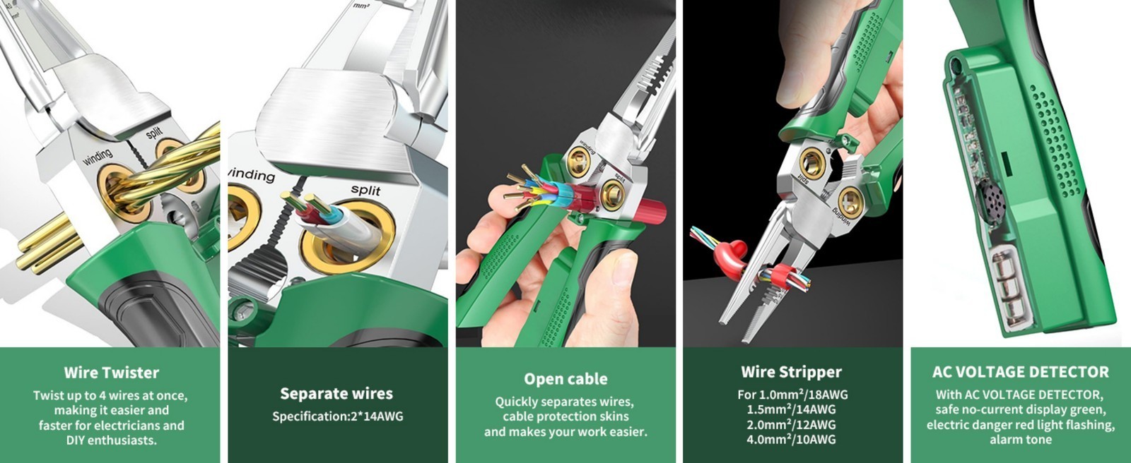 Durable Green Multifunctional Wire Stripper Twister & Voltage Tester