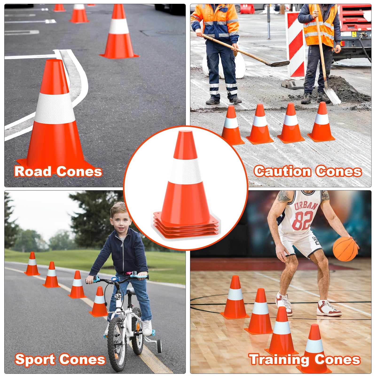 9 inch Traffic Safety Cones with Reflective Collars, [4 Pack] Orange Construc