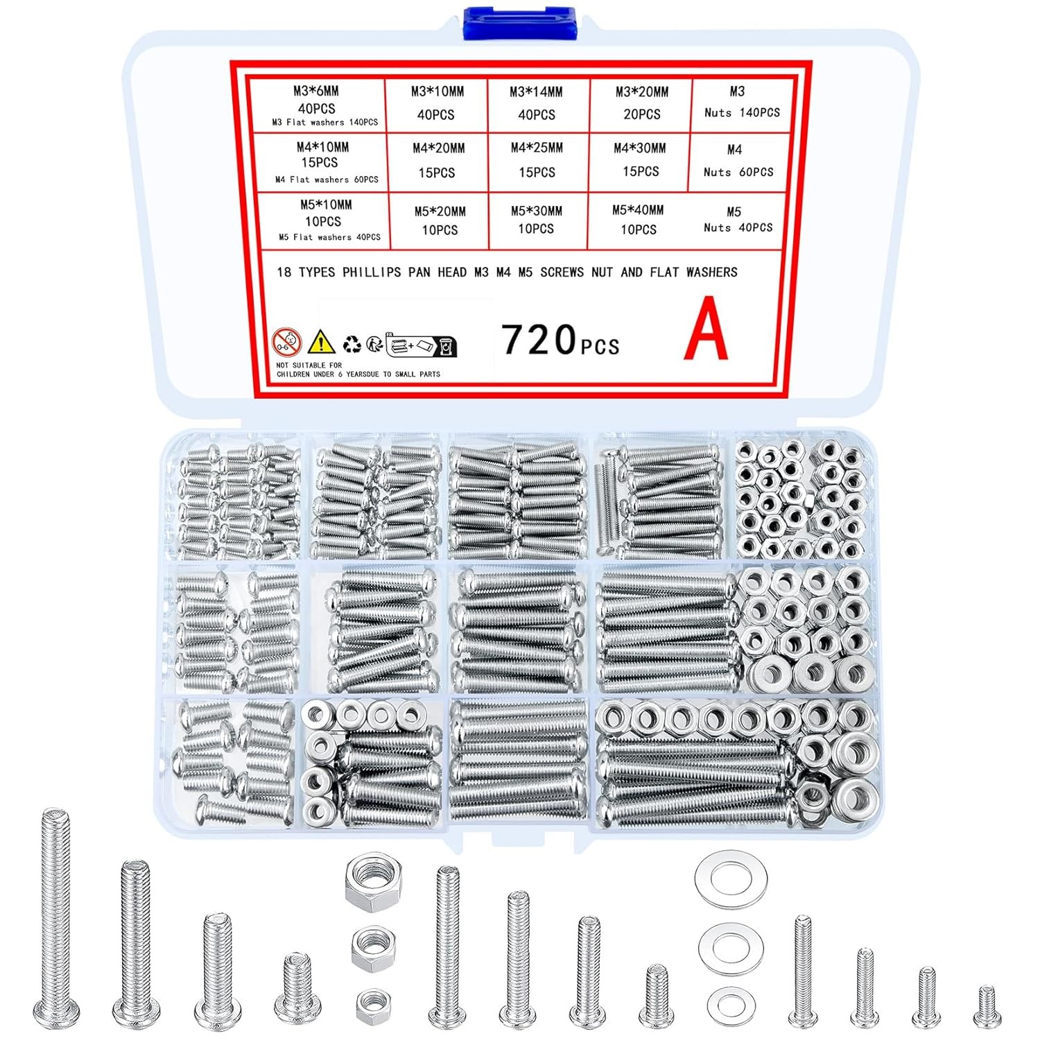 720 Pcs Nuts and Bolts Assortment Kit, M3 M4 M5 Carbon Steel One Size, Silver