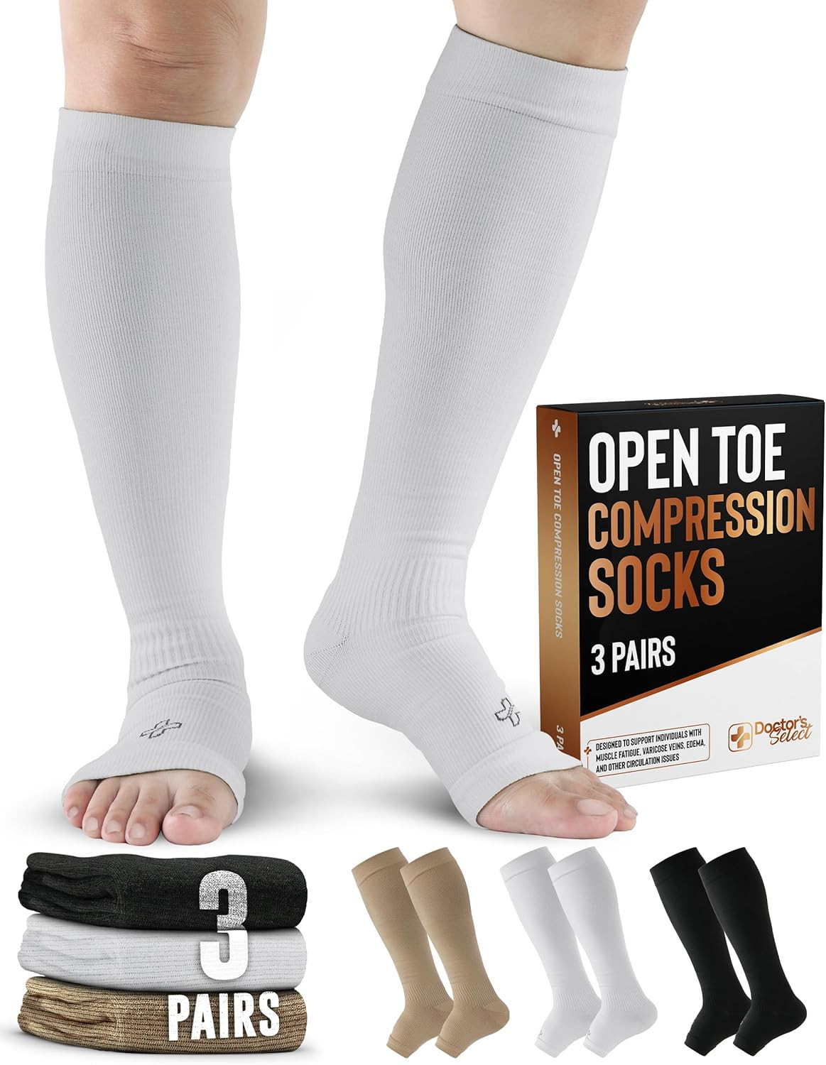 3 Pairs Copper Toeless Compression Socks Women & Men - 20-30 Mmhg Open Toe Compr