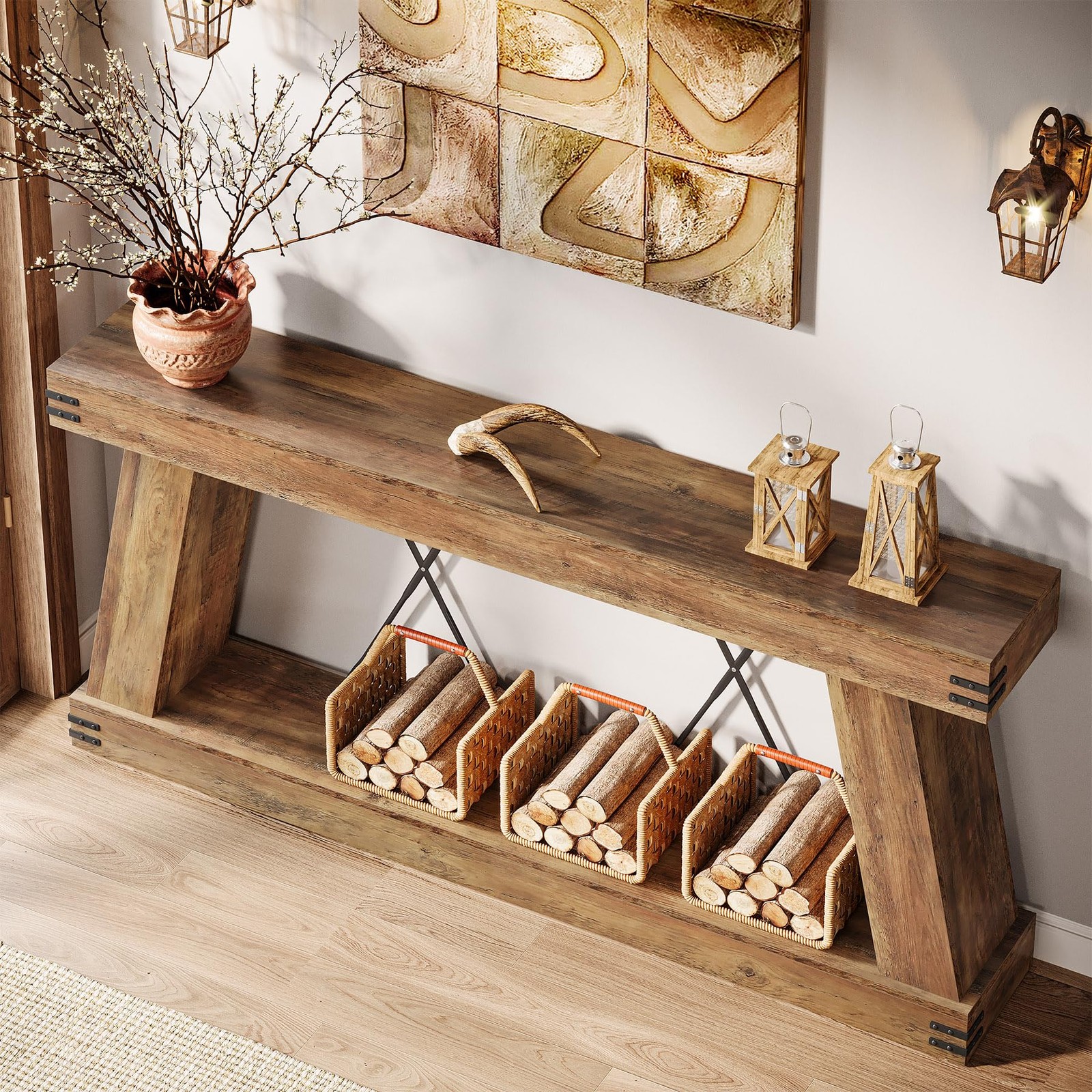 70.9" Farmhouse Console Table, Long Sofa Table Behind Couch with Storage, Nar...
