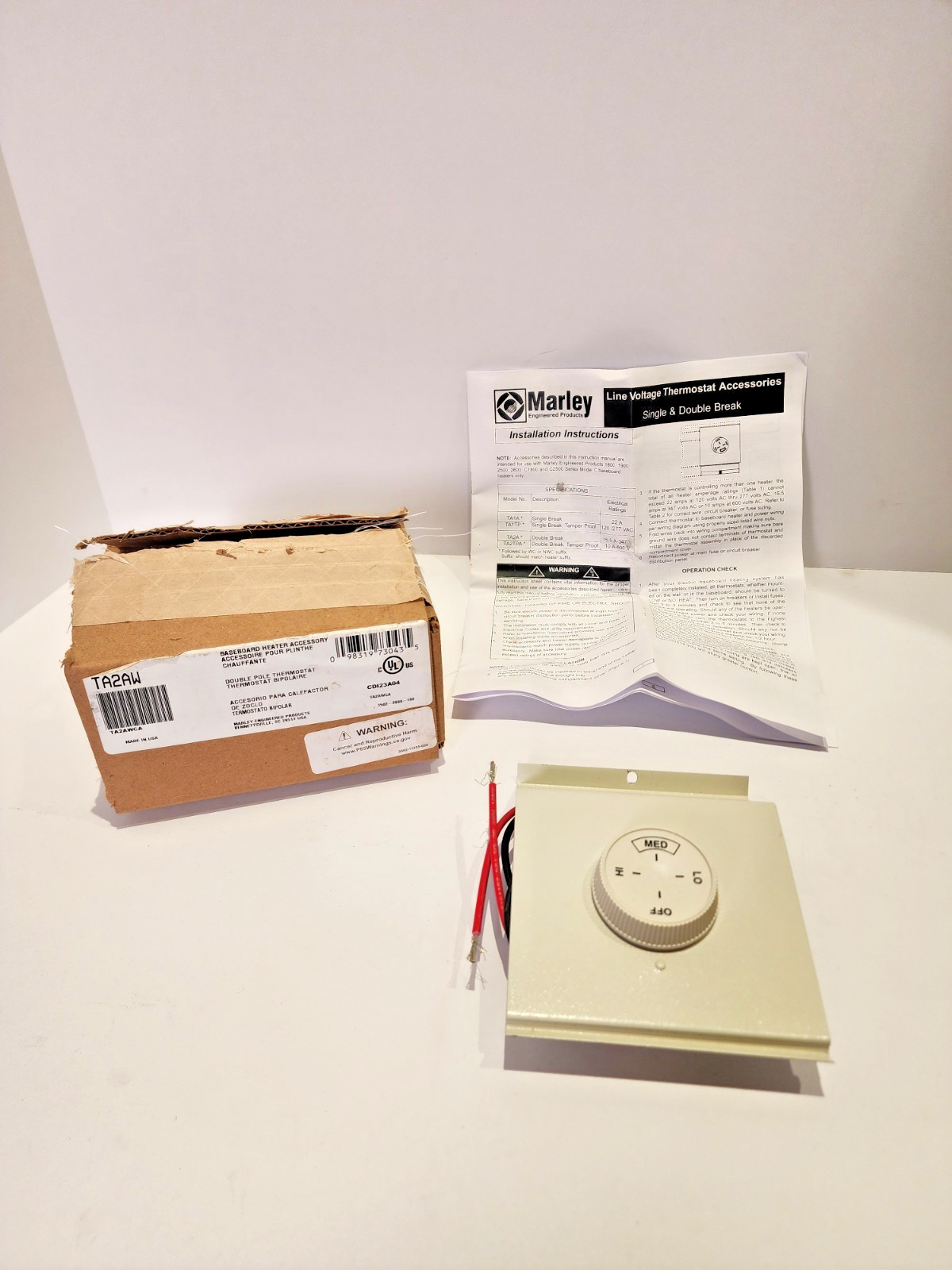 Marley TA2AW, Double Pole Thermostat, Electric, NEW, LOT OF 1
