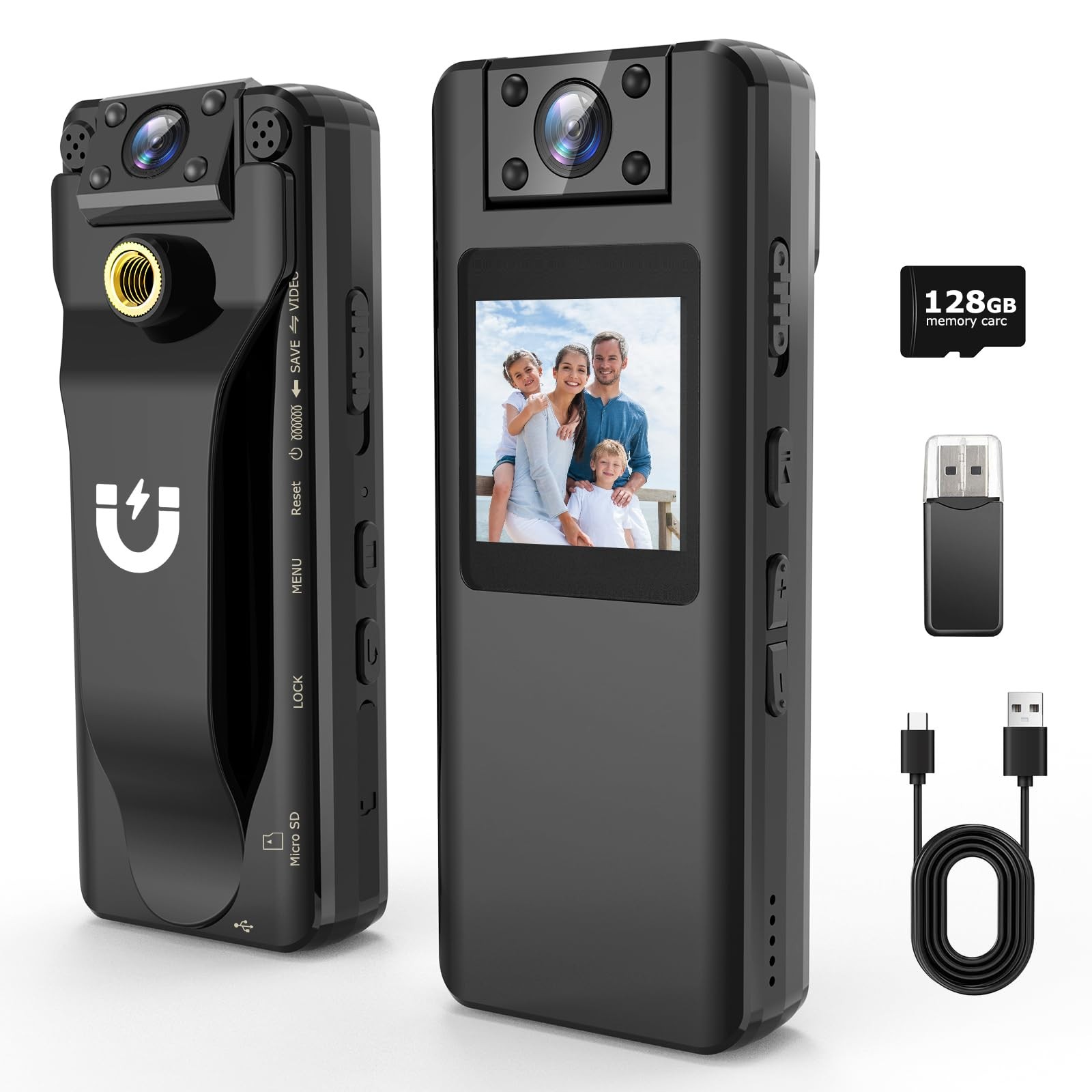 Body with Audio and Video Recording, 128GB Mini Body Cam with 180° Rotating L...