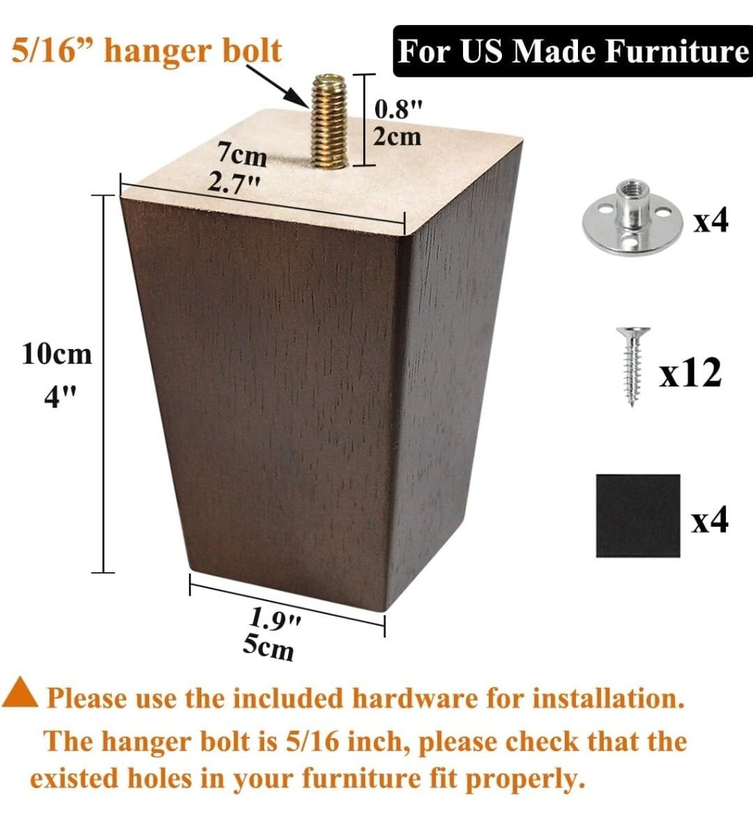 4" Wooden Legs for Furniture 4 inch Sofa Legs Square Bed Legs Pack of 4