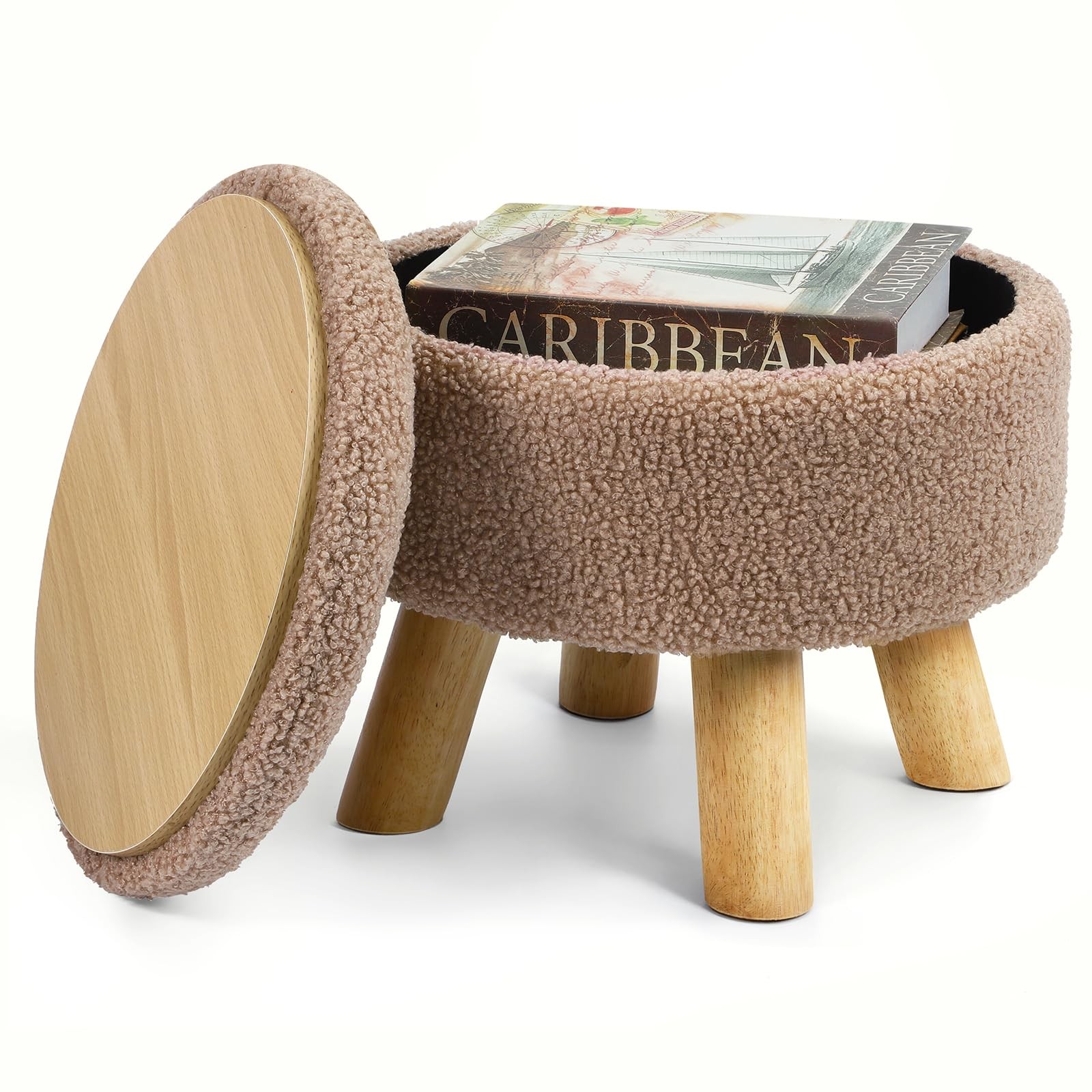 Ottoman Foot Rest, Small Round Ottoman with Storage, Boucle Teddy Velvet Footsto