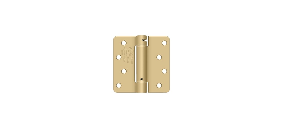 Deltana DSH4R44 4" x 4" x 1/4" Spring Hinge, UL Listed in Brushed Brass