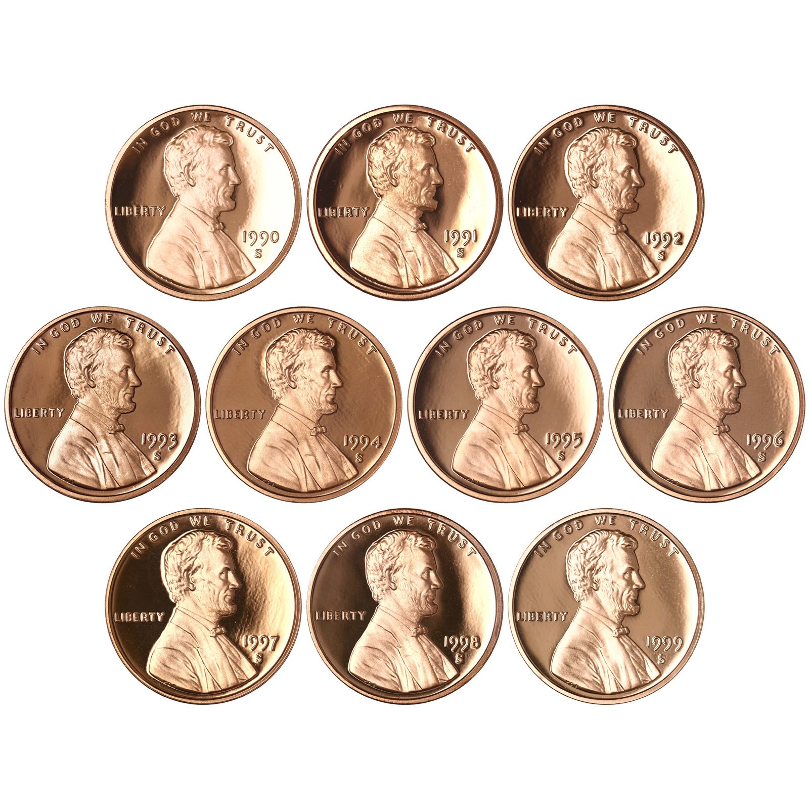 1990-1999 S Lincoln Memorial Cent Gem DCam Proof Run 10 Coin Set US Mint
